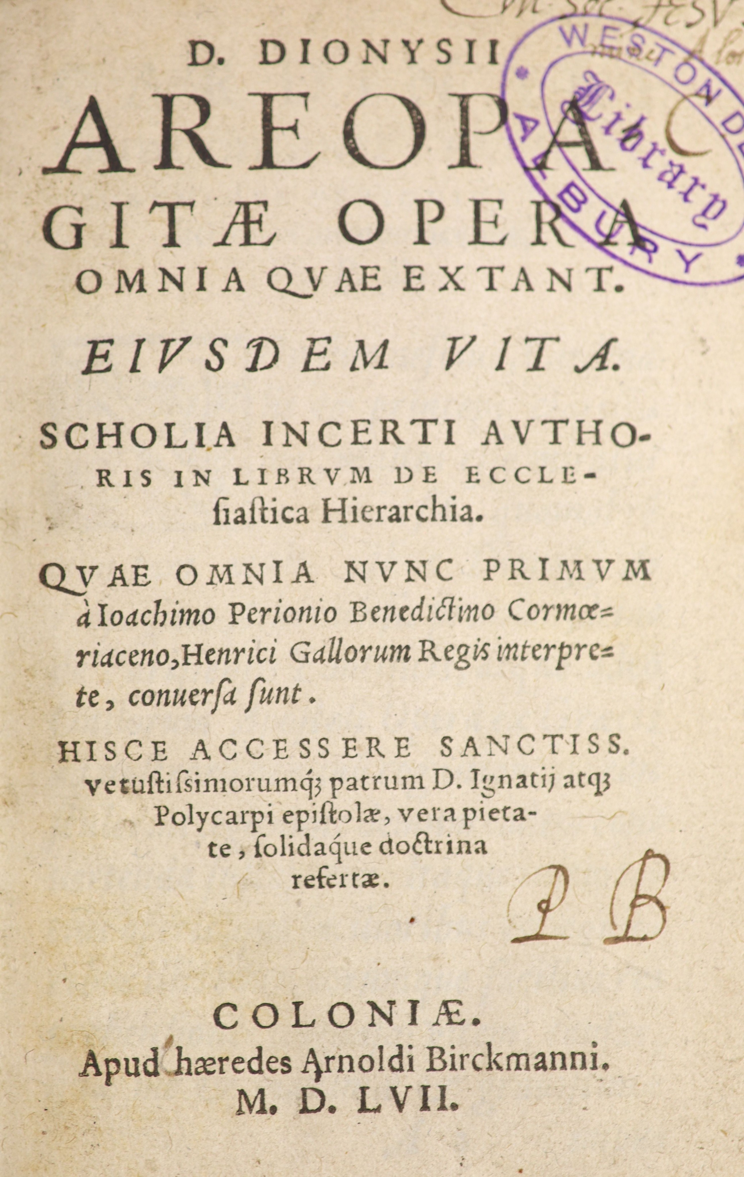 Dionysius, The Areopagite. Opera Omnia Quae Exstant. Eiusdem Vita Scholia incerti authoris in librum de ecclesiastica hierachia ...